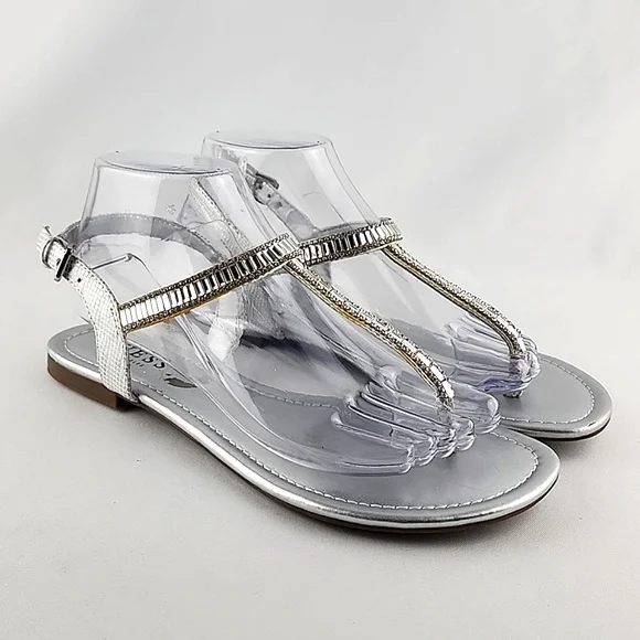 GUESS Women's Flat Silver Bejeweled Rhinestones Thong Sandals Size 8M - Picture 3 of 15